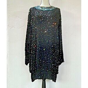 Vintage Silk Judith Ann Creations Black Multi Sequin Beaded Knee Length Dress L